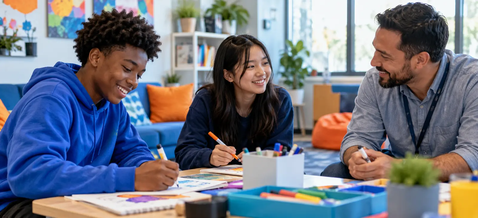 Teenagers participating in a strengths-based creative therapy activity